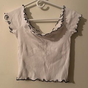 White/Dark Blue Line Off-Shoulder Crop Top